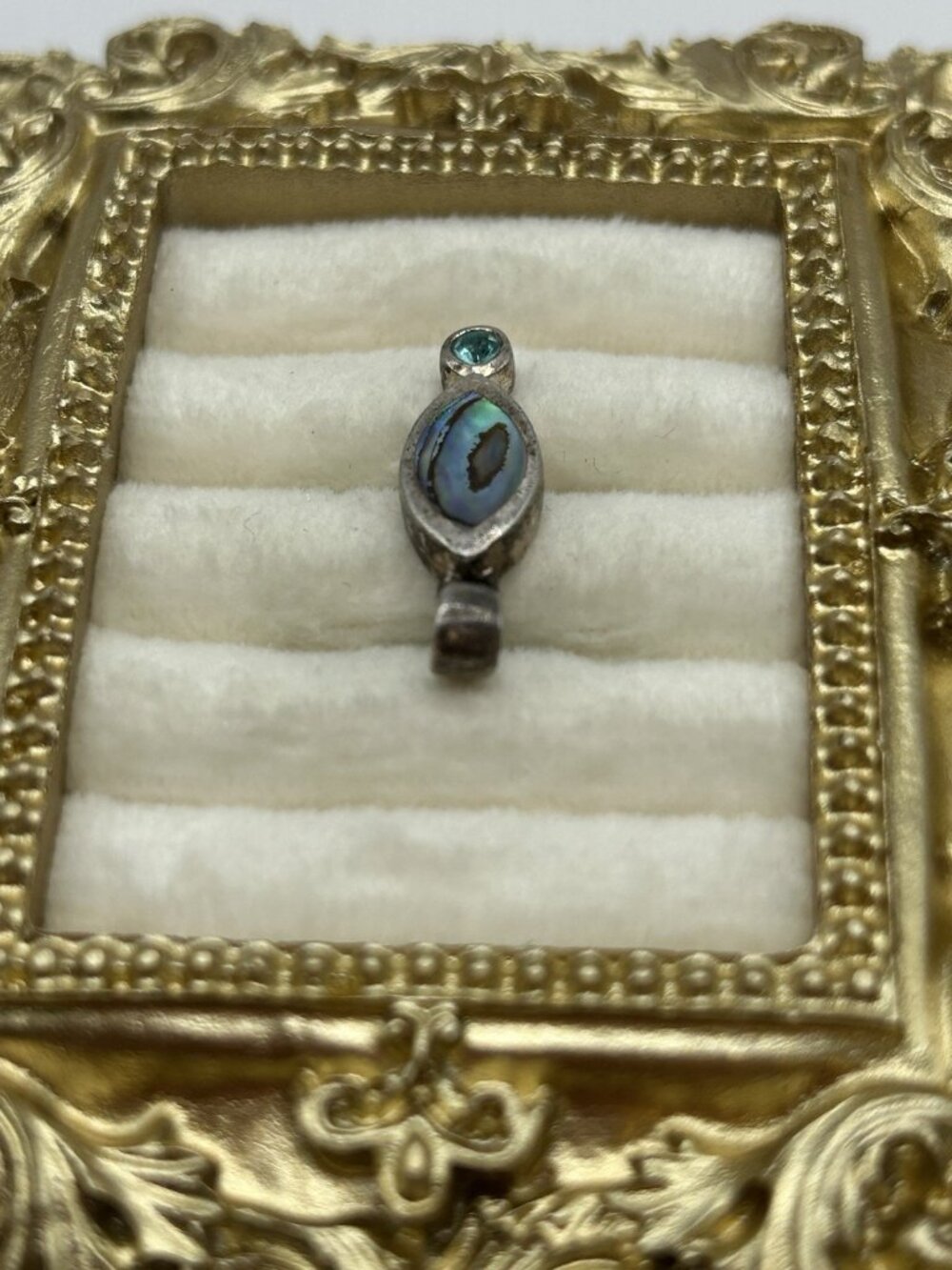 Vintage Sterling Silver Abalone Pendant Marquise Inlay Blue Stone Accent - Picture 4 of 12